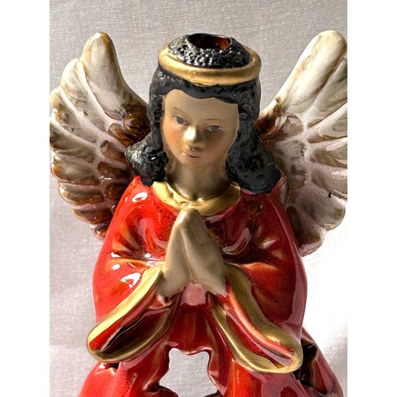 Hand-Painted Red Ceramic Angel Candle Holder W/Star & Gold Accents Religious - Picture 9 of 11